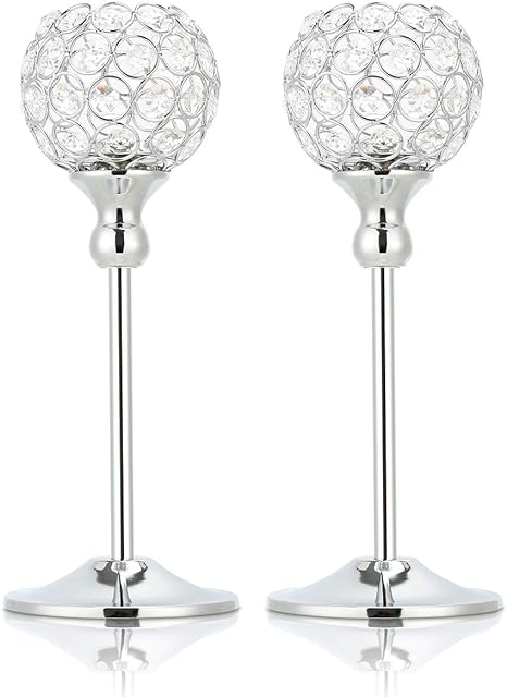 Perome 2 Pack Crystal Tea Light Candle Holders for Wedding Candlelight Dinner Vases, Silver, Anniversary Thanksgiving Gifts, for Decorative Home Accessories (30cm)
