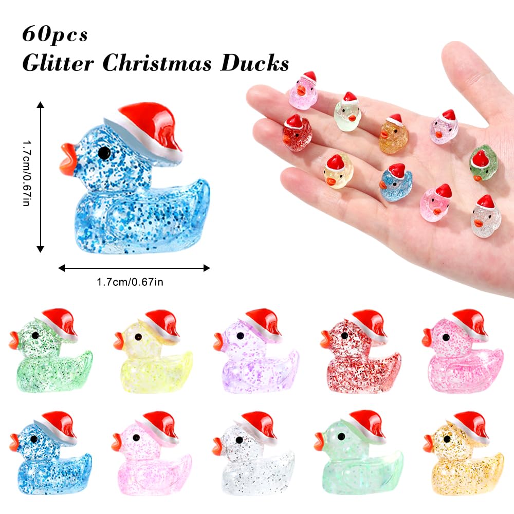 DULEFUN Christmas Mini Glitter Ducks 60pcs Colorful Tiny Small Little Resin Ducks to Hide Plastic Miniatures Duck Figures for Xmas Goodie Bag Fillers Party Favors Decorations
