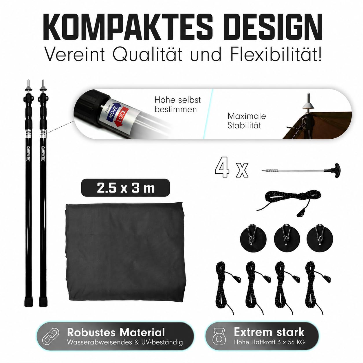 Campnetic Sonnensegel für Camping 2,5x3m inkl. Teleskopstangen u. Zubehör | Camping Sonnensegel, 3 x 56kg gummierte Magnete m Karabinern und Ösen, Sonnenschutz für Kastenwagen & Van, Regenschutz