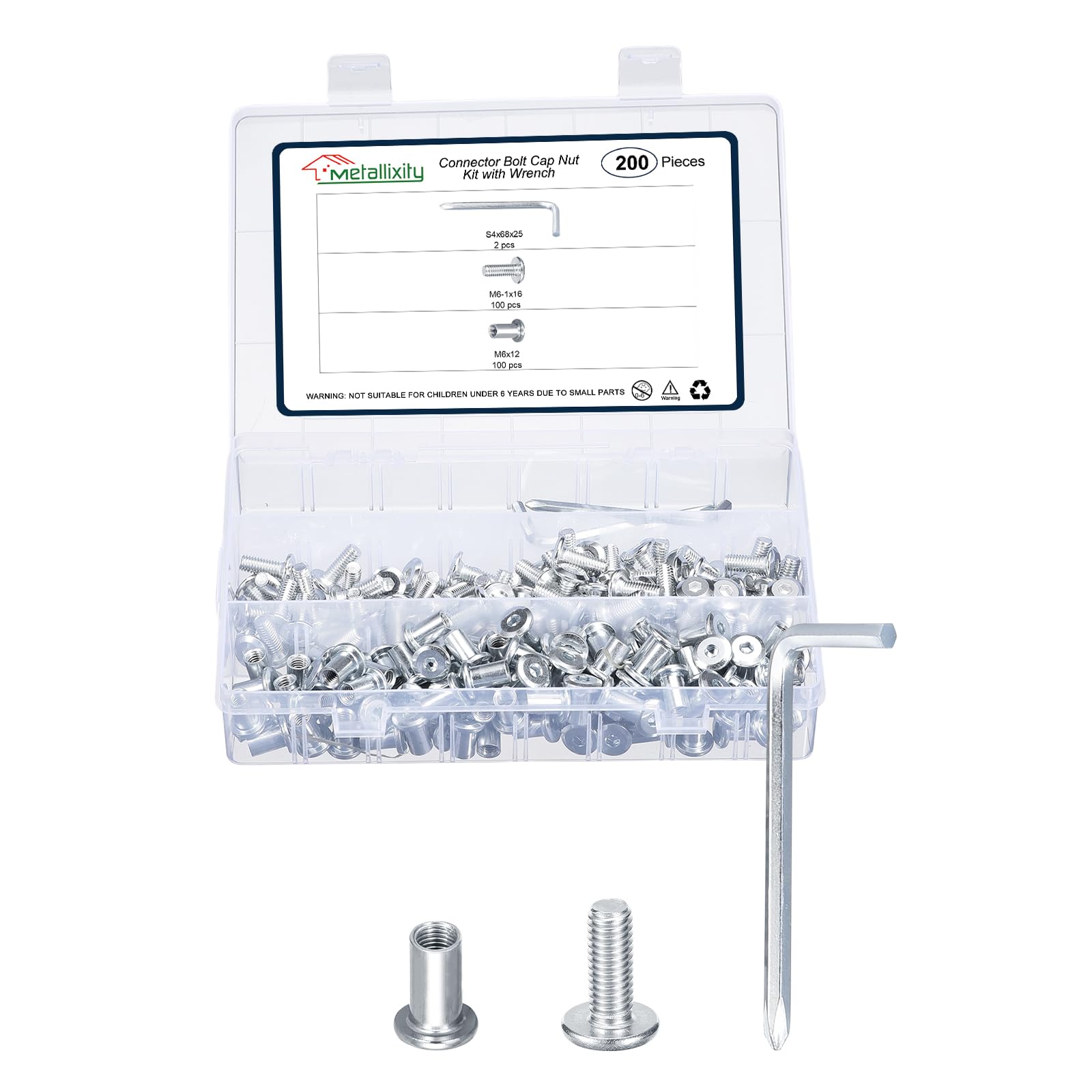 METALLIXITY Furniture Crib Screws Replacement Set with Wrench(M6-1x16mm) 200Pcs, Galvanization Connector Bolts M6 Screw Barrel Nuts Binding Screws, for Chair Cabinet Bed, Silver — image 1