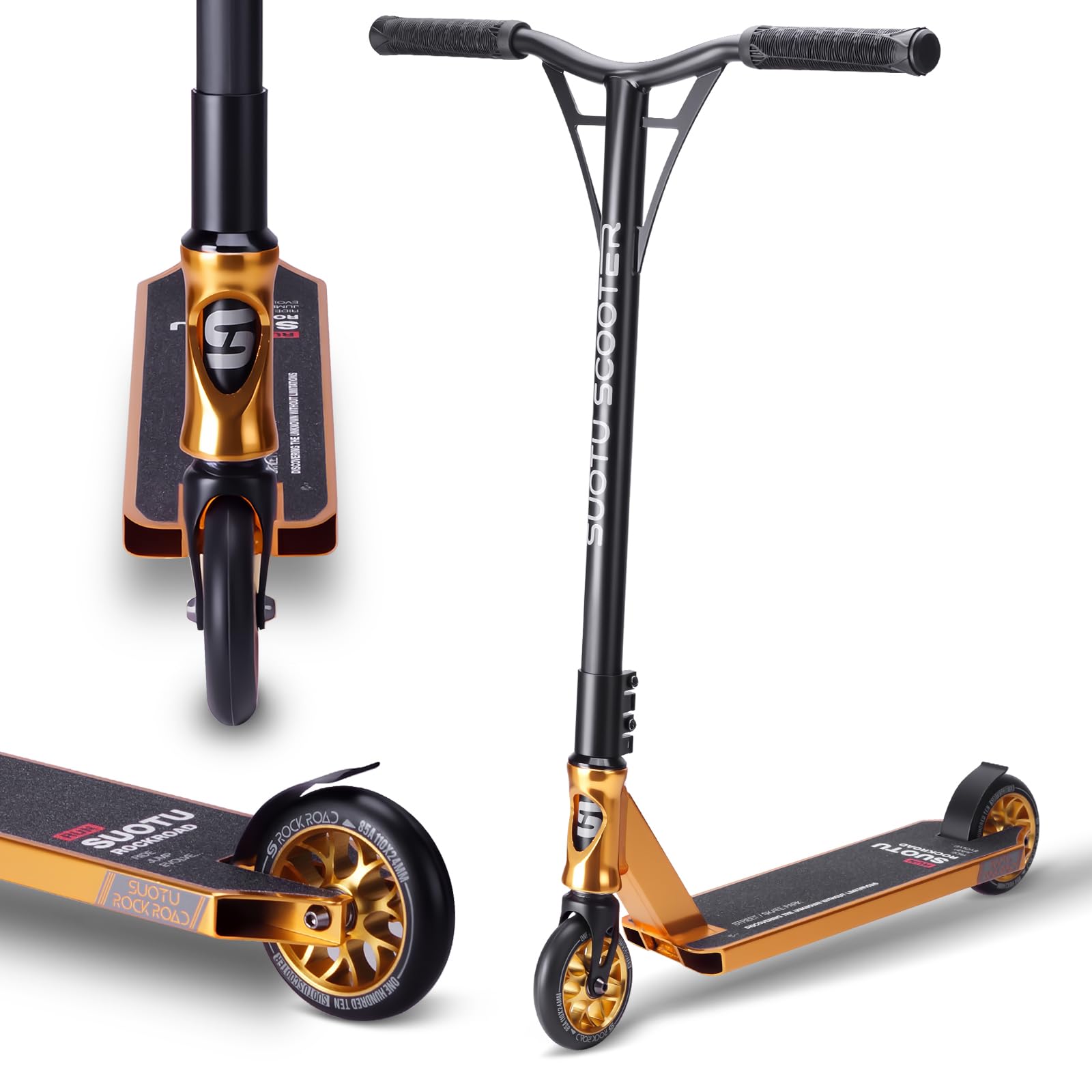 Trottinette Freestyle, Direction à 360°, Stunt Scooter avec Roues en PU 85A 110 mm, Trotinette pour Enfants Adolescent Adultes, Capacité de Charge: 100 kg, Aluminium (Noir – Or)