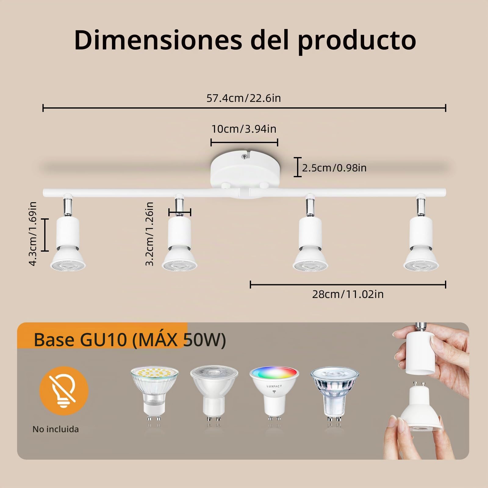 Ketom GU10 Focos Techo Blanco, Lampara Focos Techo con 4 Focos Orientable, Moderno Plafón LED Para Interiores Giratorio, Industrial Para Dormitorio, Pasillo, Cocina, Sin Bombilla