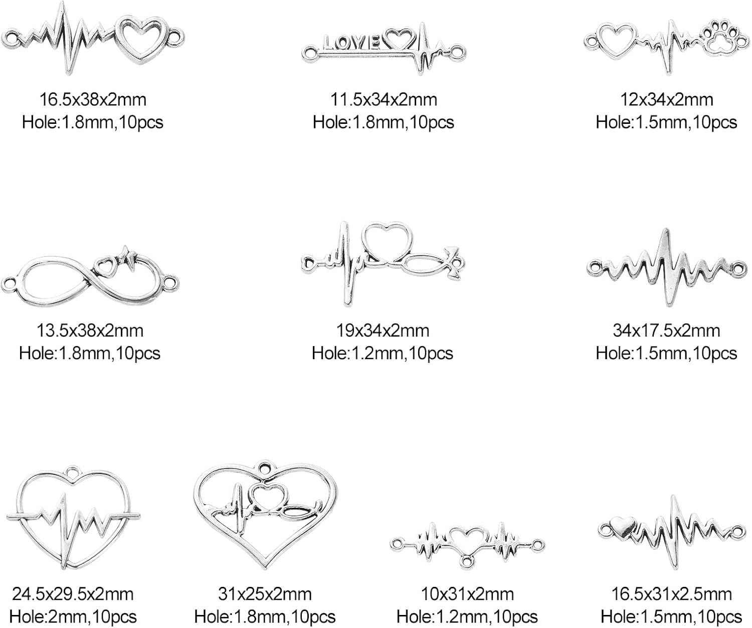 LiQunSweet 100 Pcs Lifeline Pulse Heart Beating Heartbeat Charms for Jewelry Making DIY Crafting Findings Supplies