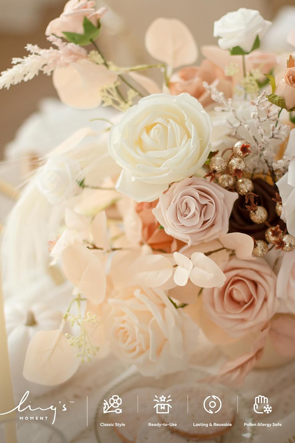 Ling's moment Fake Flowers Box, Faux Artificial Greenery Stems Foam Roses Berry Silk Eucalyptus Fabic Flower for Centerpieces Bouquet Wedding Vase Floral Decorations, White & Beige, Grand Combo - Image 3