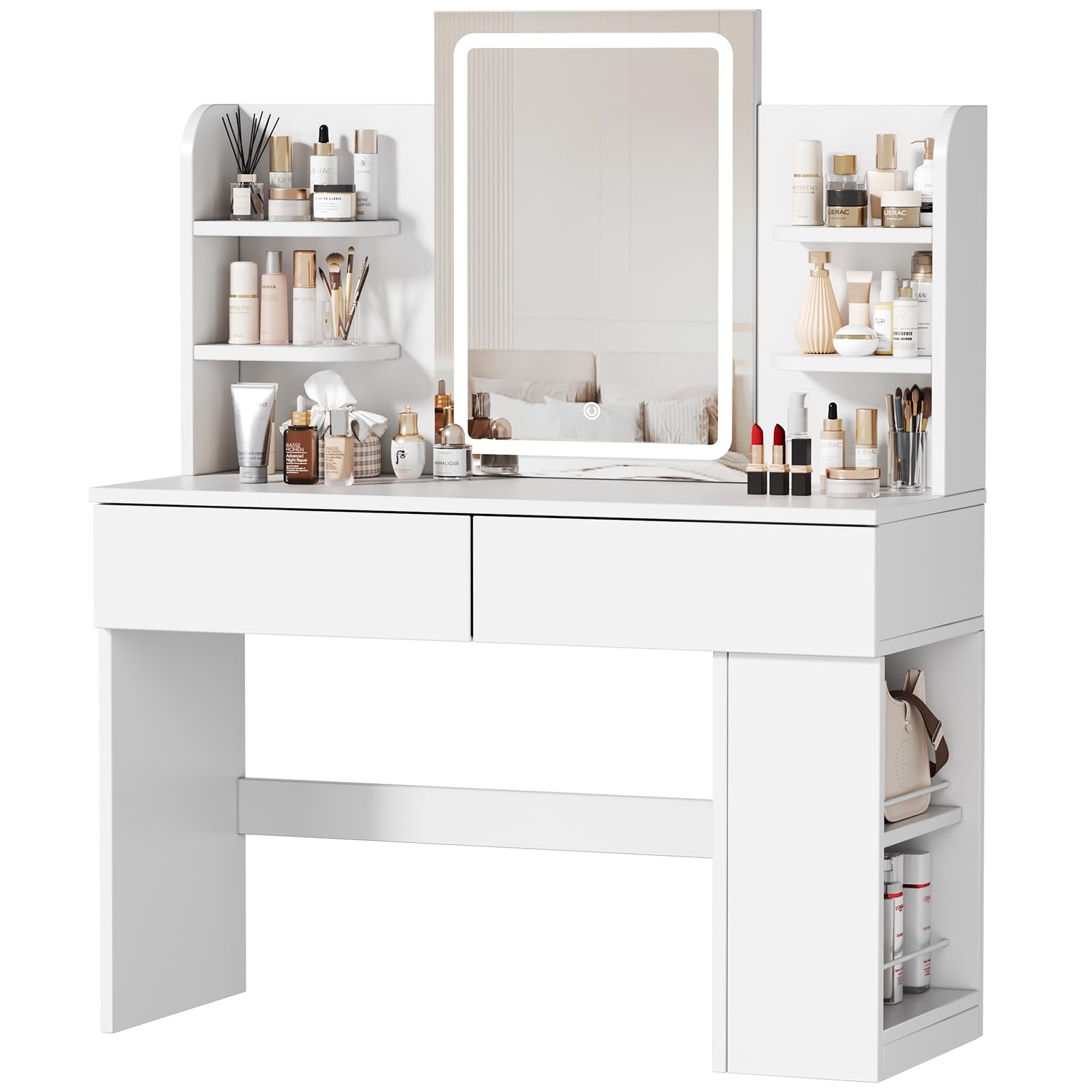 JUMMICO Coiffeuse avec Miroir LED et Lumière Réglable, Table de Maquillage Moderne avec Rangement Maximisé - 4 Étagères, 2 Tiroirs + Compartiment Latéral, Dimensions 108x40x136 cm pour Chambre (Blanc)