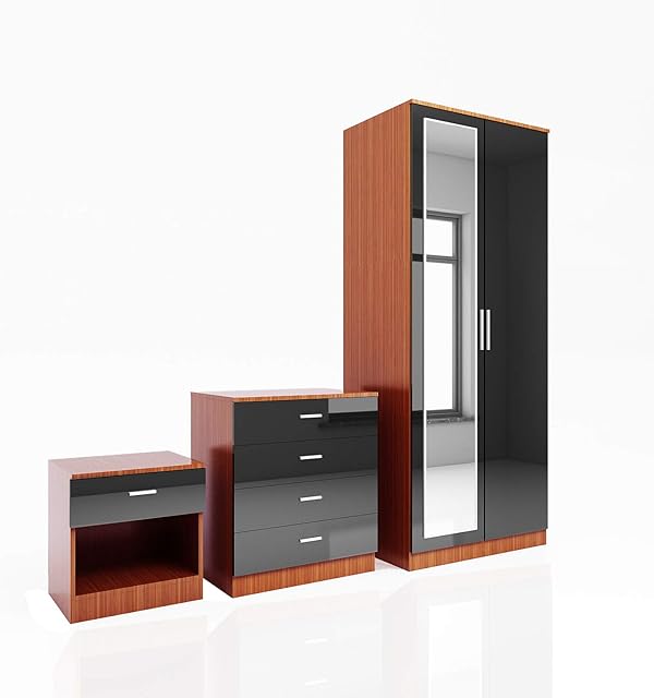 ELEGANT 3 Piece Bedroom Furniture Sets High Gloss Soft Close Wardrobe Mirrored + 4 Storage Drawer Chest of Drawers + Bedside Cabinet, Black-Walnut Wardrobe and Chest of Drawers Set