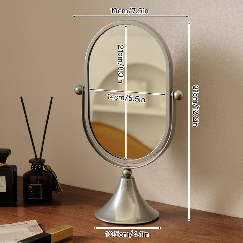 Hosoncovy Desktop Mirror with Stand Metal Frame Vanity Makeup Tabletop Mirror Oval Free Standing for Bathroom Bedroom (Silver) - Image 2
