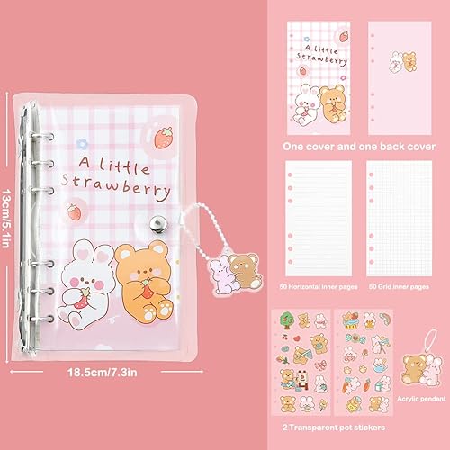 Miniatura 9 de 2 Pcs Binder Notebook,Rabbit Bear 6 Round Ring Loose Leaf Binder Small Diary Journal Planning Pocket Notebook with Transparent PVC Cover Pendant