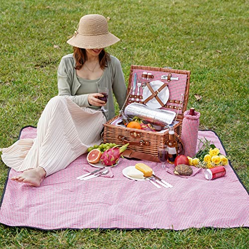 Picnic Basket for 2, Picnic Baskets with Waterproof Blanket, Picnic Hamper Set with Washable Beach Mat & Large Insulated Cooler Compartment, Handmade Natural Wicker Hamper for Camping, Outdoor Party - Thumbnail 5