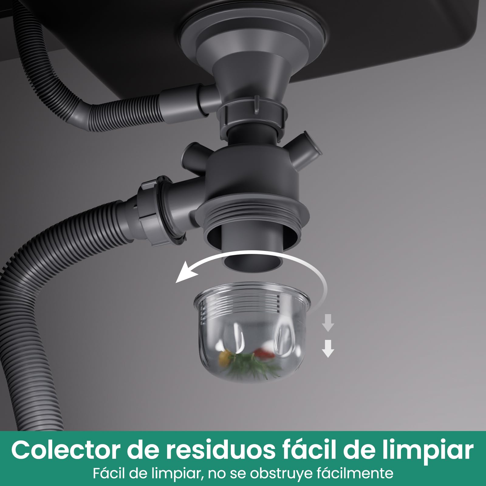 Fregadero ANYCEE Granito Negro 86 por 45 Escurridor Cuarzo Sifón Desagüe 2 Conexiones