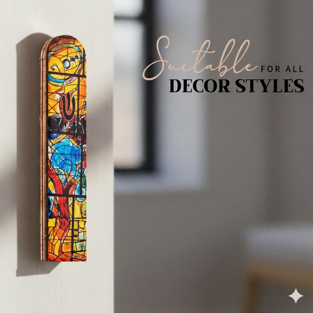 SURI Wooden Mezuzah Case for Door – 5 Inch Yellow Chagall-Inspired Mezuza Cover with Printed Scroll, Self-Stick Adhesive, Fits a 4 Inch Scroll, Gift Box Included image 4