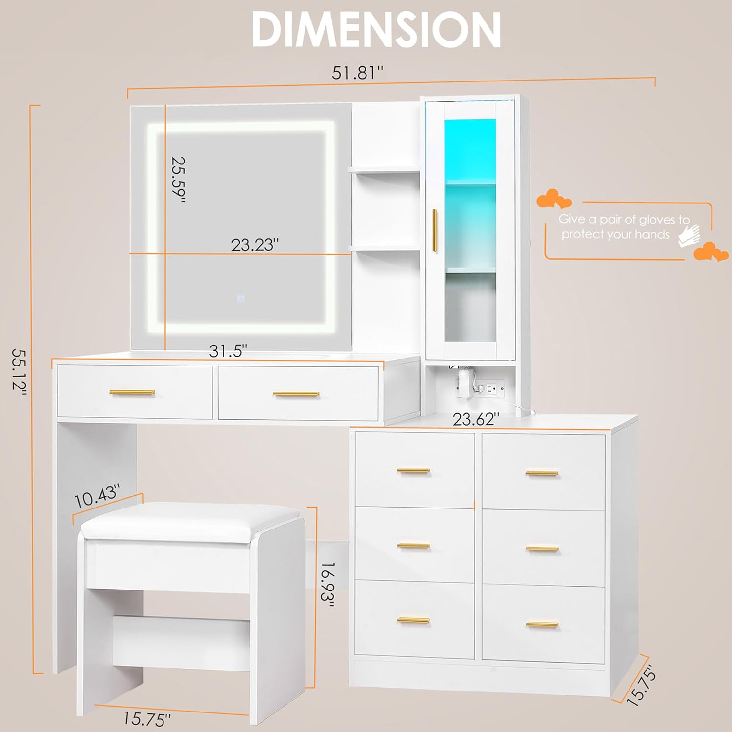 ANWBROAD 51.8" Vanity Desk with Mirror and Lights Makeup Vanity Desk with Lights 3 Colors Large White Vanity Dresser RGB 8 Drawers with Charging Station Stool Shelves for Girls Women Bedroom UBDT77W