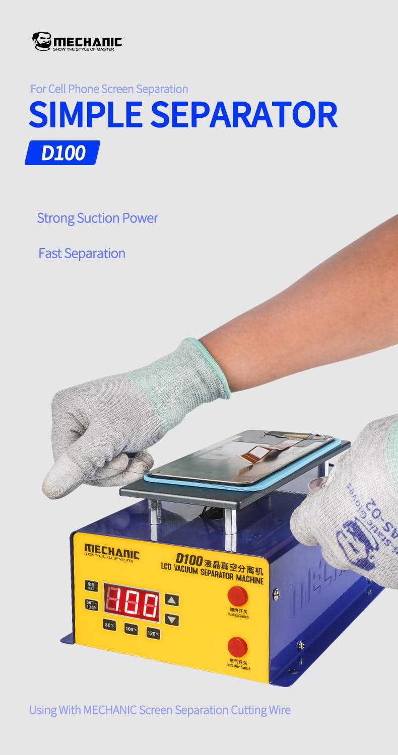 Separador de Pantallas LCD Mechanic D100 D200 con Potente Succión para Precalentamiento y Reparación/Remoción de Pantallas Táctiles de Teléfonos Móviles(D100)