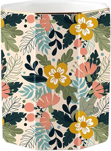 YOSCO Soporte de cerámica para bolígrafo para escritorio, lindo soporte de flores, lápices, ollas, organizador de escritorio, soporte para brochas