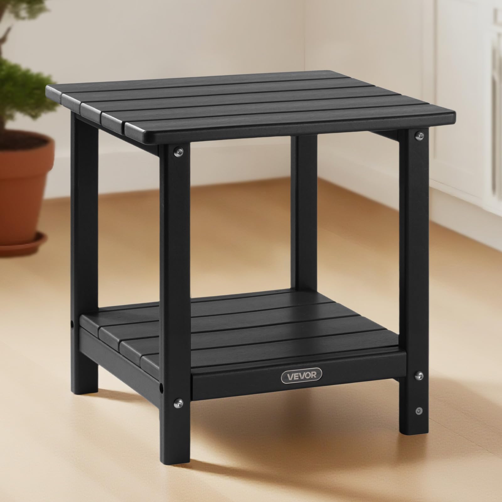 VEVOR Tavolino da Giardino 2 Ripiani 45 x 38 x 44 cm, HDPE, Tavolino da Esterno Mobiletto per Cortile per Bordo piscina, Spiaggia, Veranda, Balcone, Interno, Nero