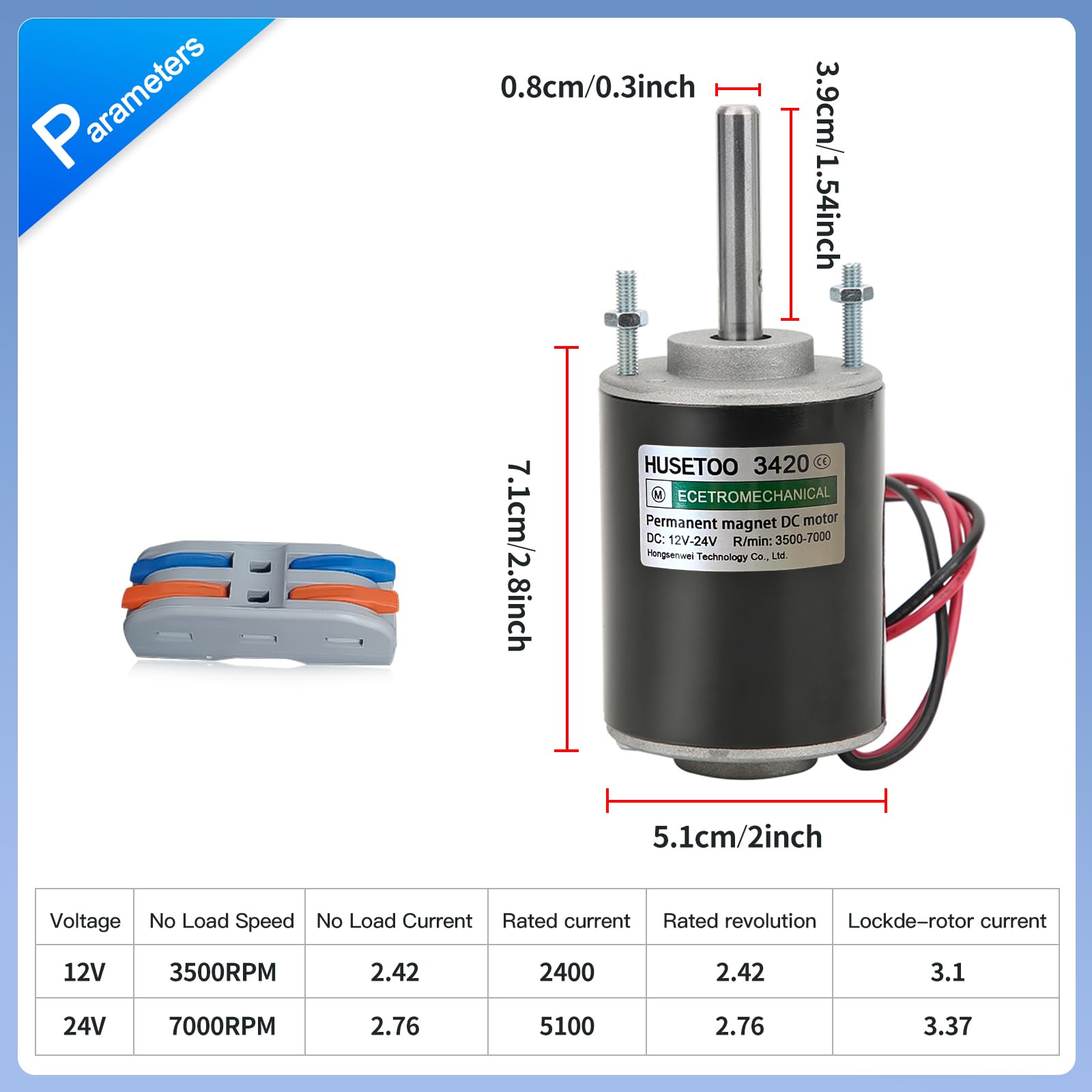 Motore CC ad alta coppia 12V/24V, Motore silenzioso a magneti permanenti con connettore per cavi per progetti fai-da-te,30W CW/CCW 3500/7000RPM(Asse di rotazione allungato)