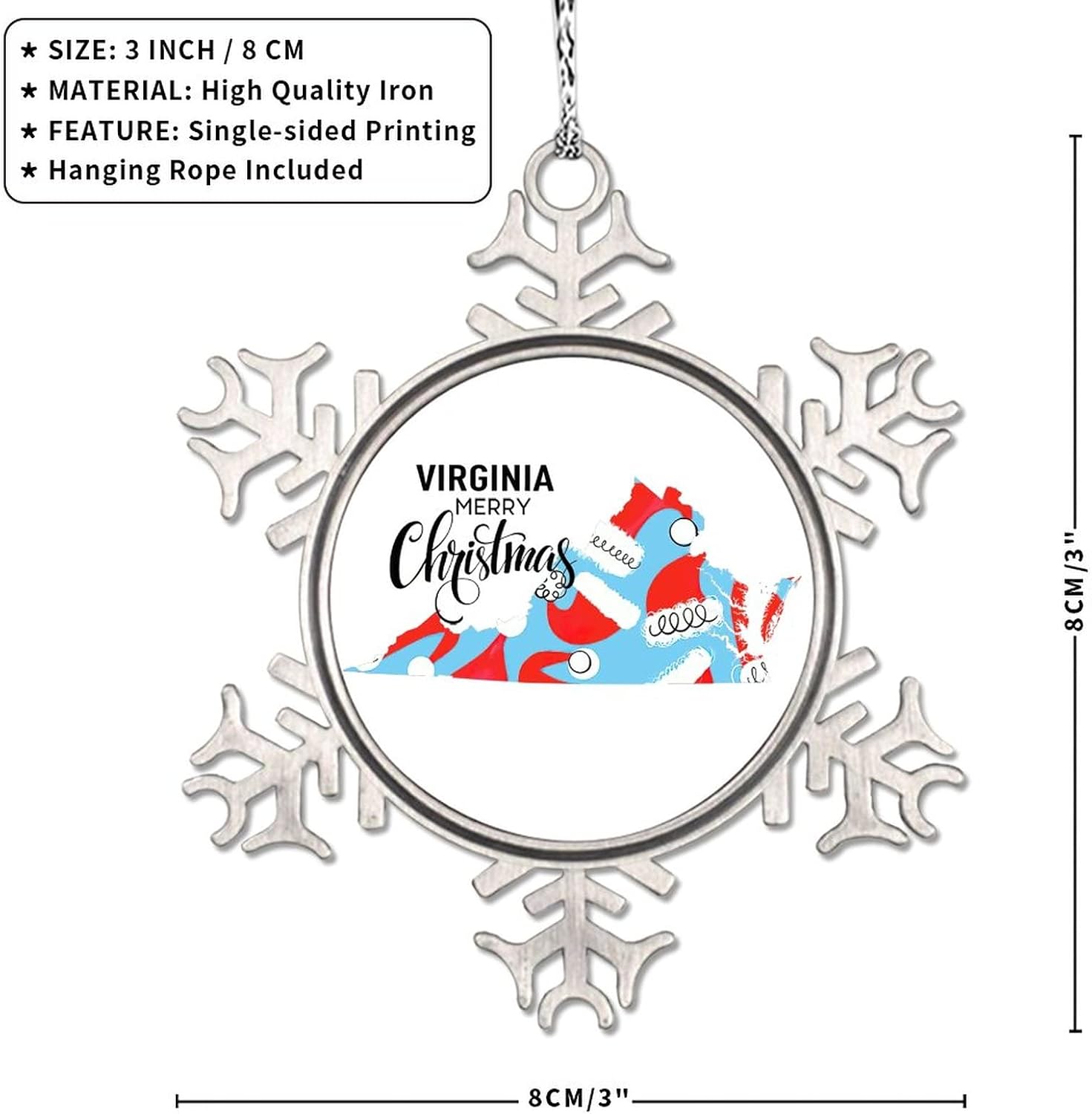 Snowflake Ornaments Virginia Home State Personalized Christmas Ornaments 2022 Merry Christmas Christmas Tree Ornaments Metal Souvenir Xmas Tree Hang Pendant Exchange Long Distance Gift 3 Inch