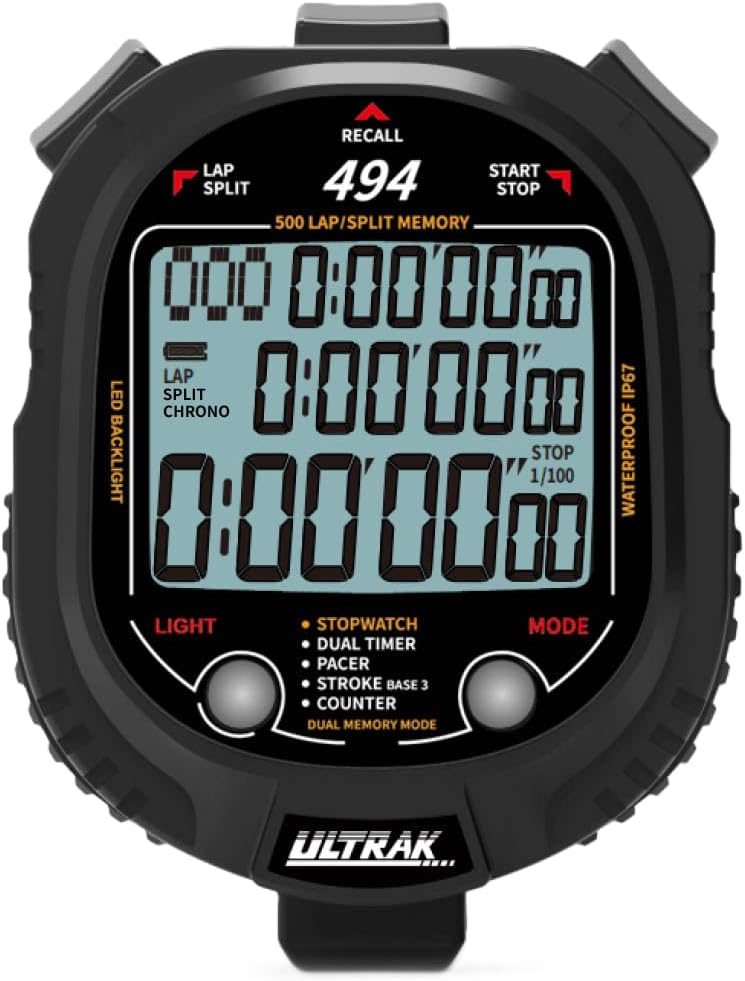 ULTRAK 494 Professional Digital Stopwatch – 500 Dual Split Memory, Waterproof, Large 3-Row Display, Backlight, Countdown & Pacer Timer for Coaches, Track, Swim & Training