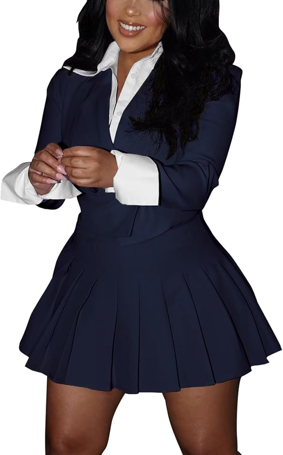 kaimimei Blazer Sets Women 2 Piece Outfits Skirt Suits Fall Long Sleeve Cropped Blazer Pleated Mini Skirt Set Small Navy Blue