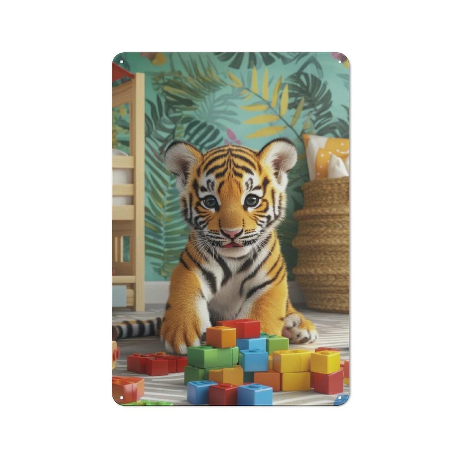 Junmoney Cute Tiger Cub With Blocks 30X20cm Retro-Style Tin Sign With For Café Or Restaurant, Winter Wall Decor For Hospitality Interior Collectors