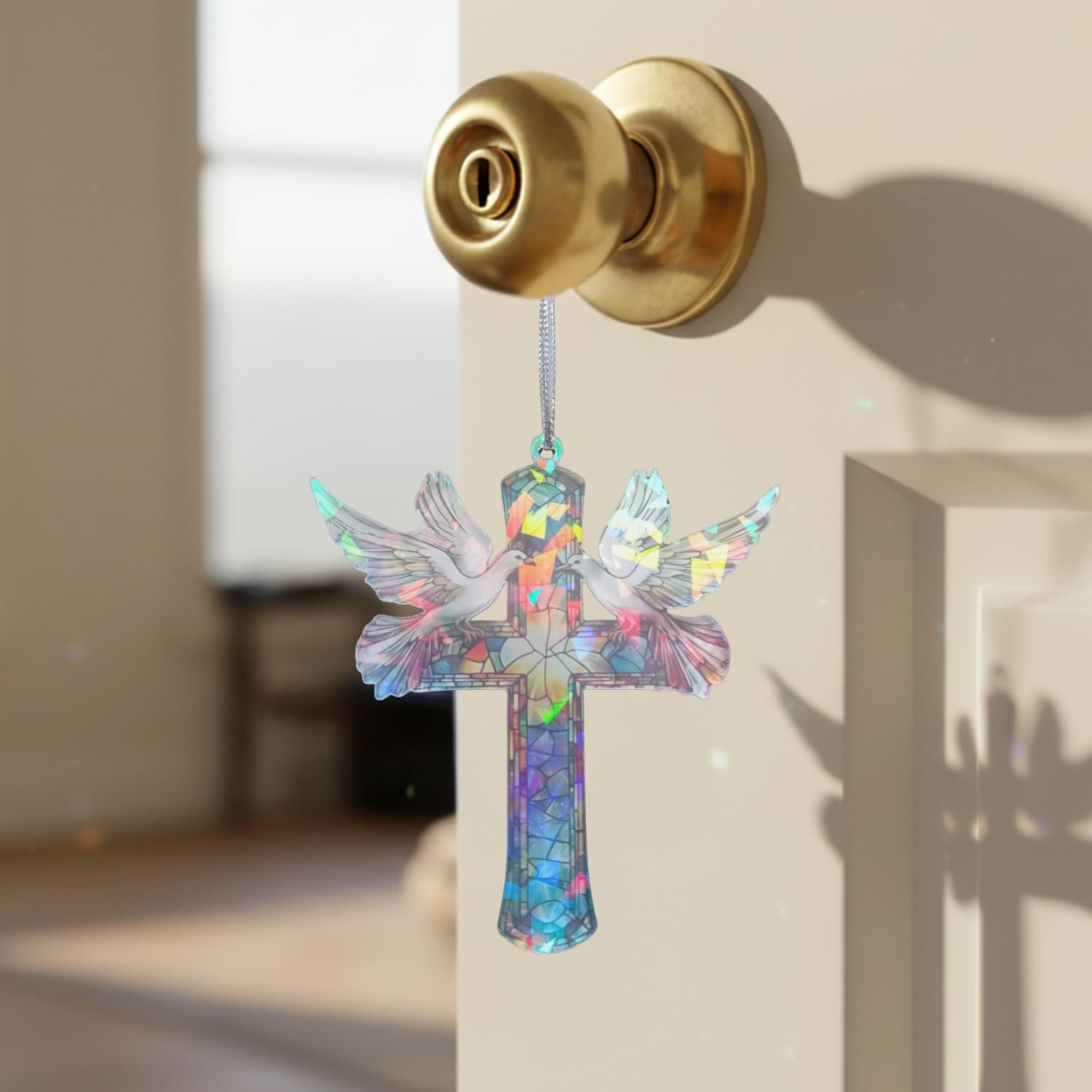 Christian Gifts for Women - Memorial Gifts - Cross Decor – Hologram Acrylic Suncatcher Hanging Decoration – Shimmering Cross with Doves for Window, Christmas Tree, Religious Gifts, Gifts for Mom Girl - Image 8