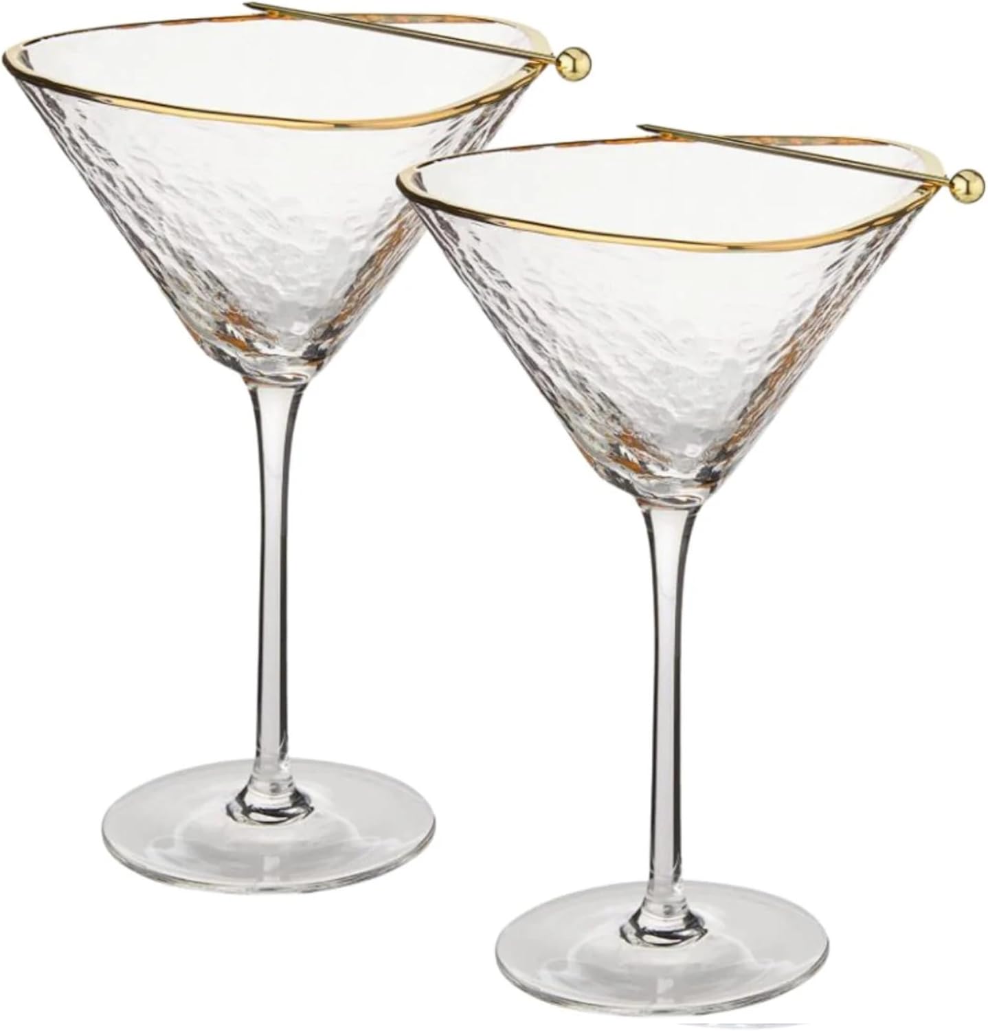 Sisterly Drinkware Clear Hammered Martini Glasses Set of 2 – Handmade Gold Rim Cocktail Glasses with 2 Gold-Plated Picks & 2 Coasters – 8 oz Elegant Barware for Martinis, Cocktails & Mocktails