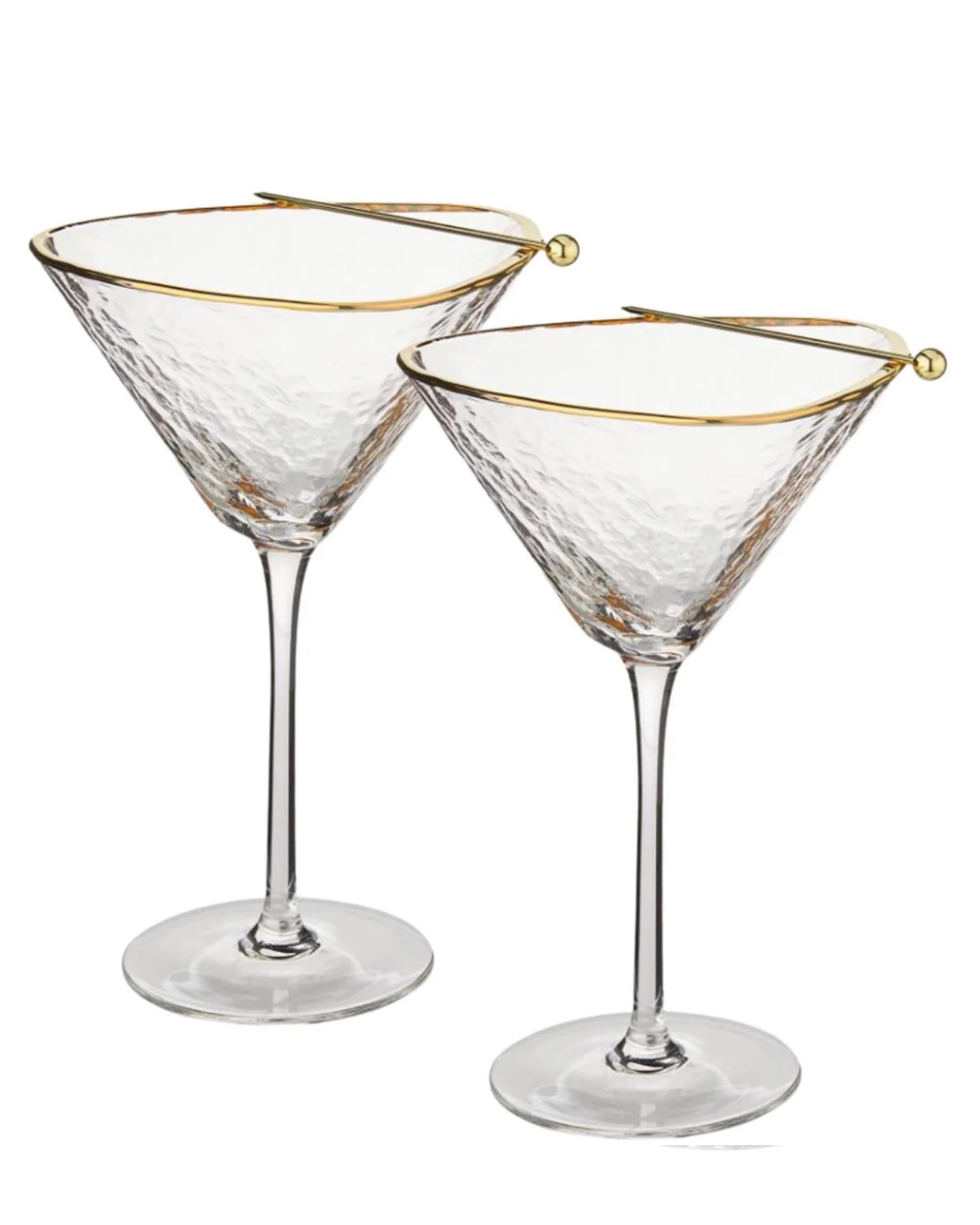 Sisterly Drinkware Clear Hammered Martini Glasses Set of 2 Handmade Gold Rim Cocktail Glasses with 2 Gold-Plated Picks
