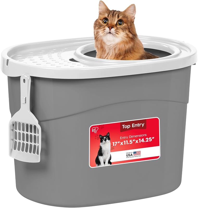 Caixa de Areia para Gatos com Entrada Superior e Tampa, Grande, Cinza e Branca IRIS USA
