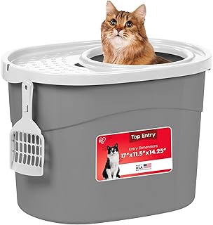 IRIS USA Caja de arena para gatos con entrada superior, grande, cerrada con tapa de captura de arena y cuchara, a prueba de perros, bandeja para gatos, color gris/blanco