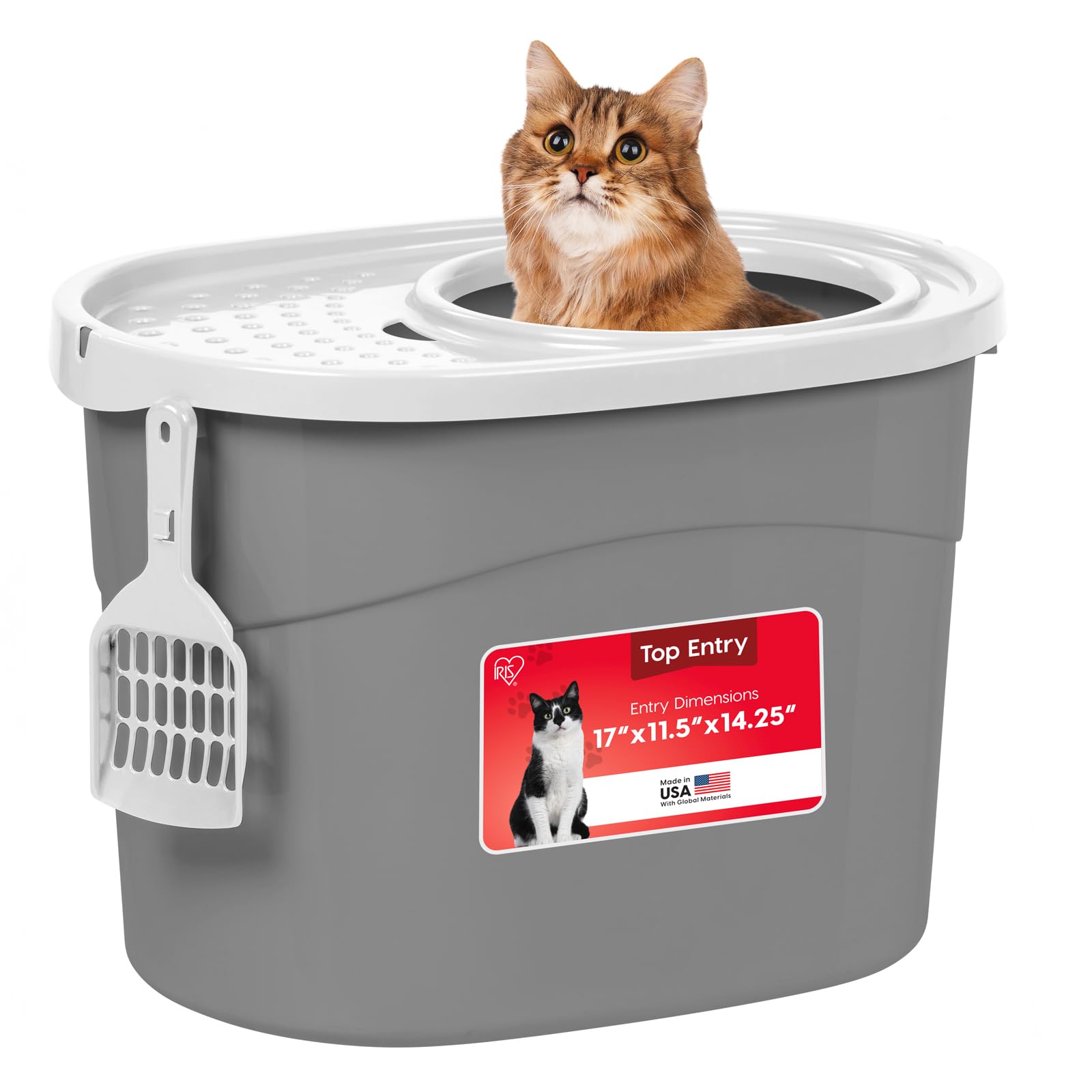 IRIS USA Top Entry Cat Litter Box, Large Enclosed with Litter Catching Lid and Scoop, Dog Proof, Cat Litter Box, Gray/White