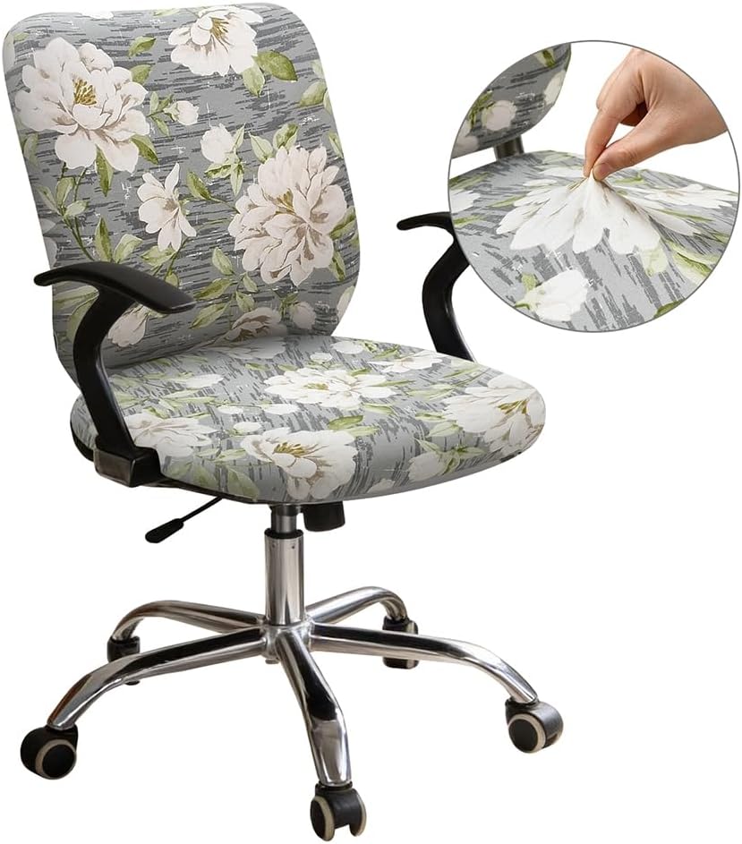 Polyester Office Chair Seat Cover, Removable Washable Computer Chair Slipcover Flower Pattern Stretchable Cushion Protector for Home Office Kitchen Dining Back & Seat, WhiteSmoke
