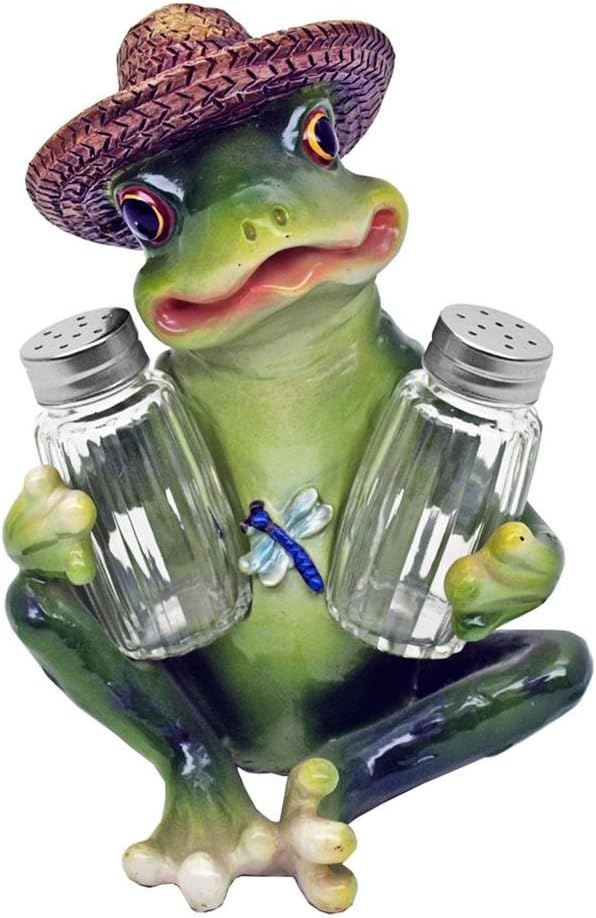 DWK Frog Sombrero Figurine Spice Holder with Refillable Glass Salt and Pepper Shakers 3 Piece Set | Senor Frog Decorations Salt Pepper Shaker Set - 7"