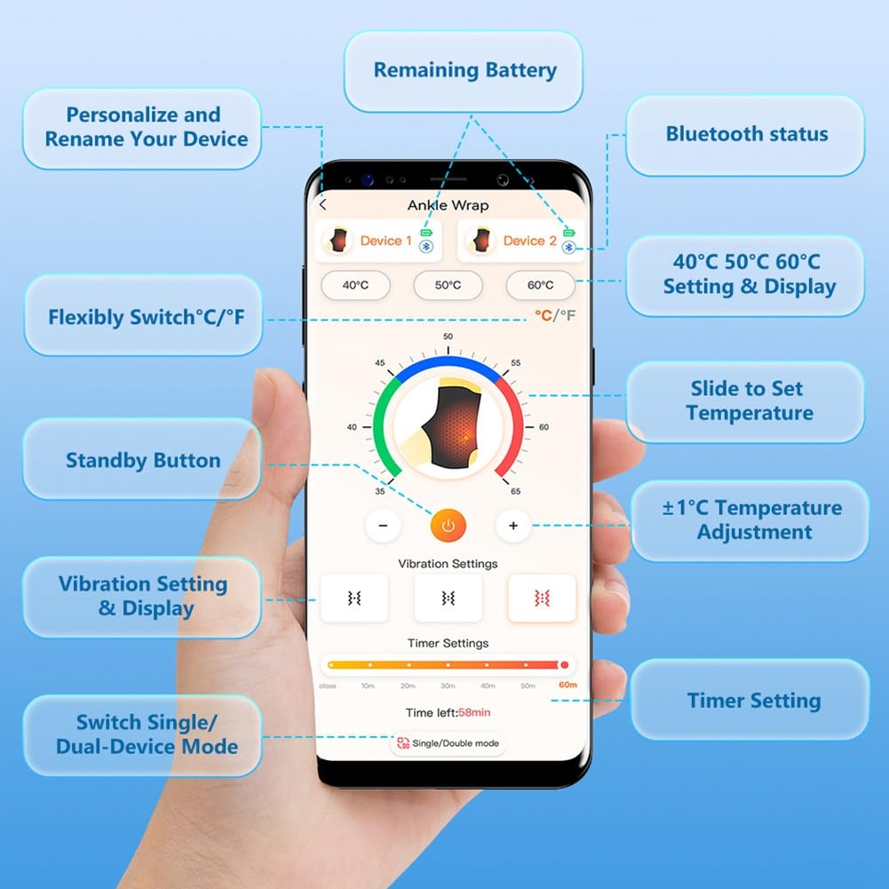 Elektrischer Fußmassager Kabellos Beheizt Knöchelkompressionswickel 3 Heizstufen & Vibrationsmassage Kabelloser Fußmassager mit Drahtloser Heizung & Massage mit App Steuerung
