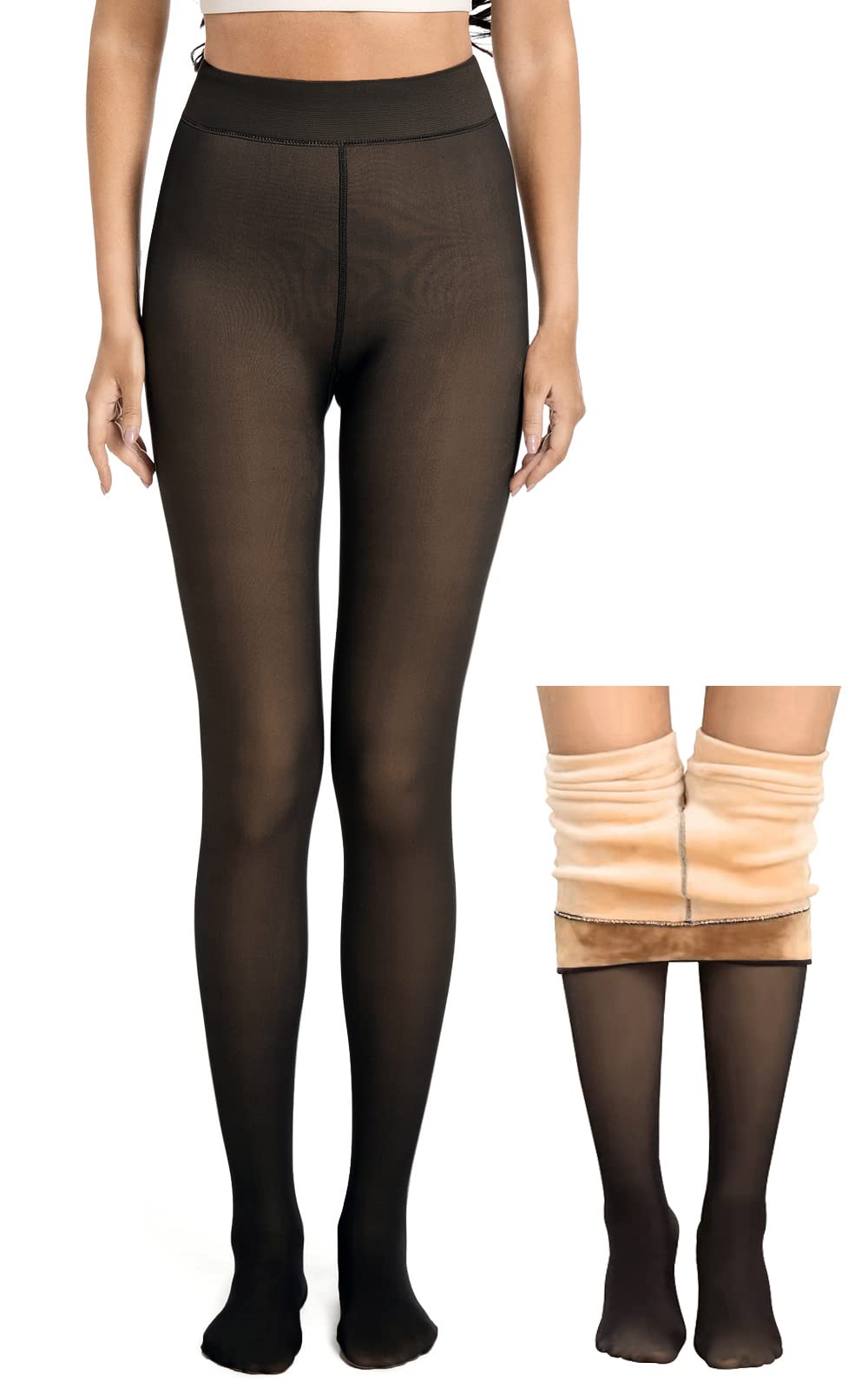 Women Fake Translucent Warm Fleece Lined Slim Stretchy Thick Winter Tights, Black, One size