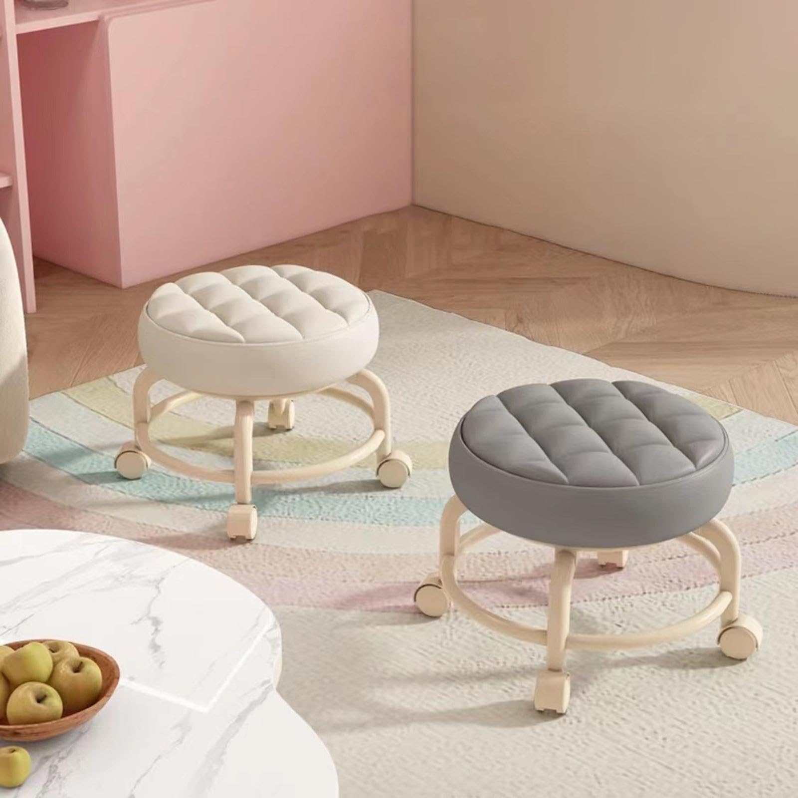 Taburete de rodillos giratorio de 360 ° Taburete para tareas domésticas perezosas Taburete de bajo ruido para niños Poleas pequeñas Taburete Ruedas giratorias, beige