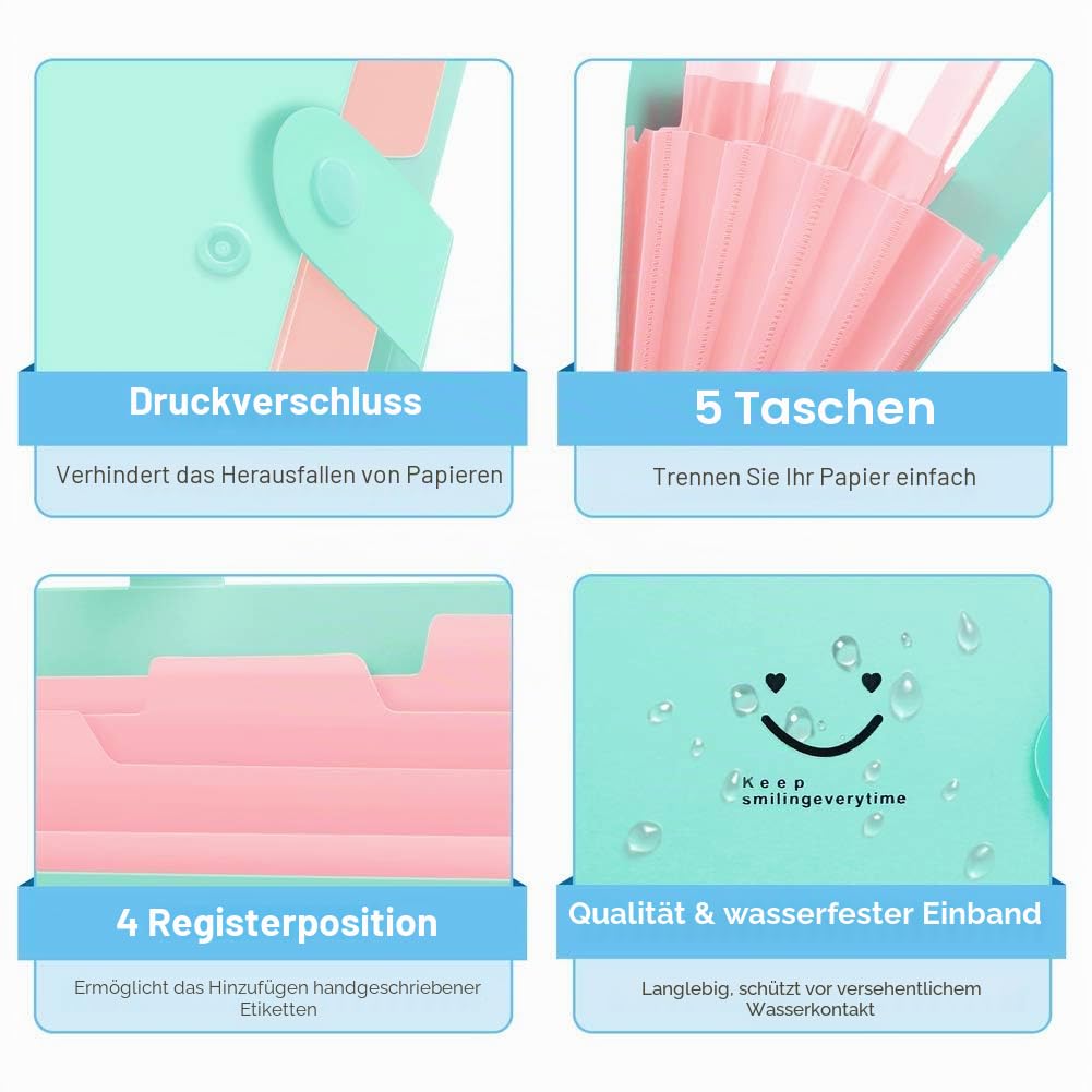 SKYDUE Fächermappen mit 5 Taschen, Akkordeon-Aktenordner mit 32 Etiketten, tragbarer Dokumentenpapier-Organizer, Aktenordner, Brief-/A4-Größe, 4 Stück