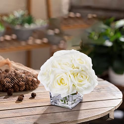 Miniatura 5 de Flores artificiales en jarrón, arreglos florales falsos en jarrón con agua sintética para bodas, mesa de comedor (crema)