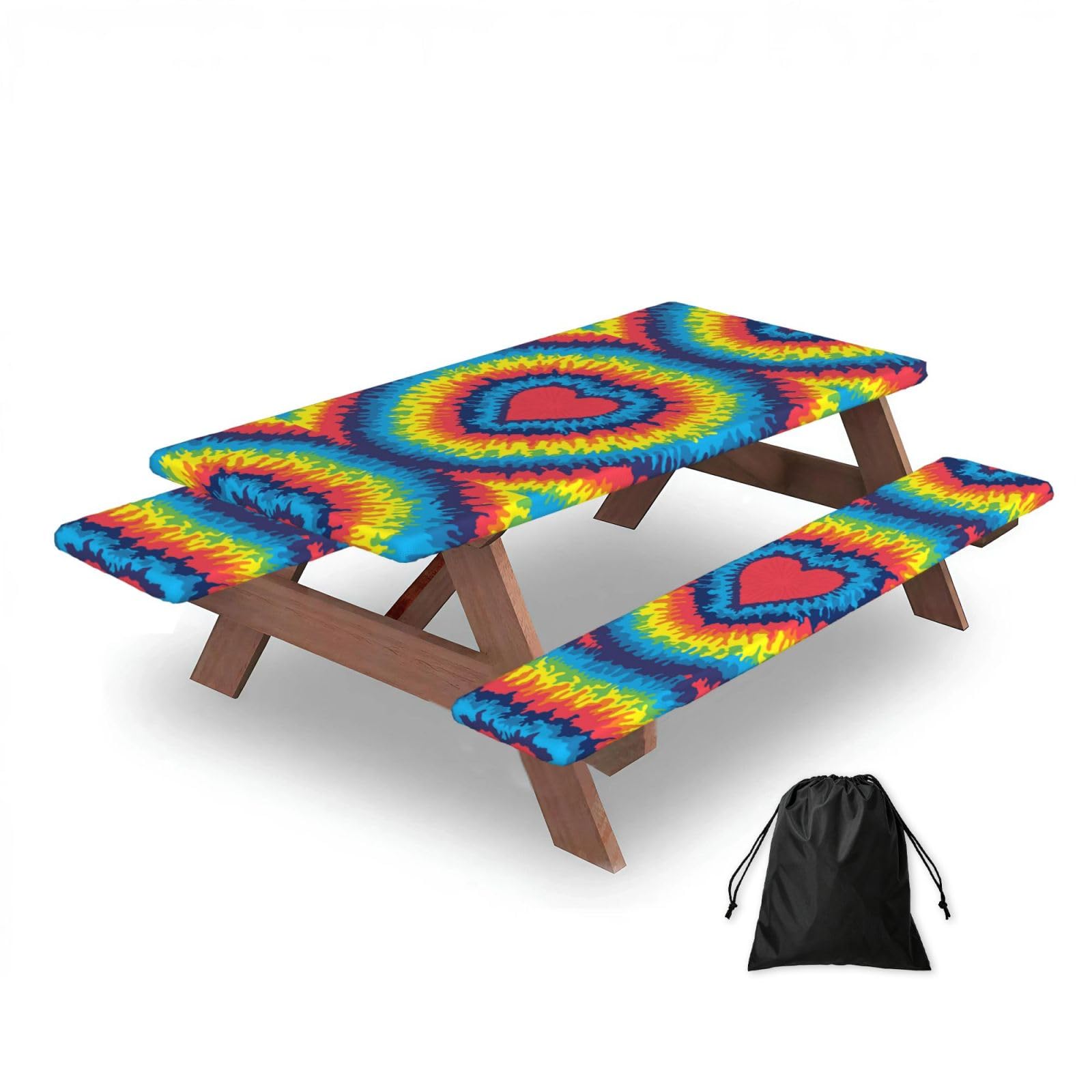Dopklna As Picture Heart Love Rainbow Tie Dye, Picnic Table Cover With Bench Covers -Waterproof Elastic Fitted Tablecloth For Garden Camping Patio 76X152cm