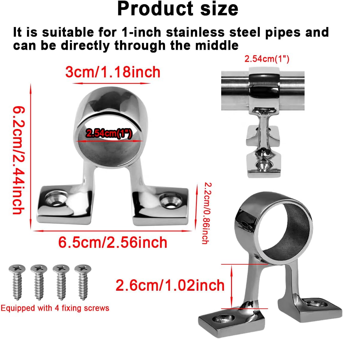 Marine Grade Heavy Duty 316 Stainless Steel Boat Hand Rail Fitting(I.D. 26MM) Center Bracket Stanchion Mount Hardware Accessories for 1inch OD Tubing, 2PCS