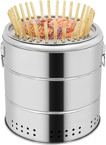 Miniatura 10 de Parrillas de carbón portátiles grandes, parrilla de barbacoa de carbón inoxidable 360° sin humo al aire libre con 50 brochetas, parrilla para ahumar