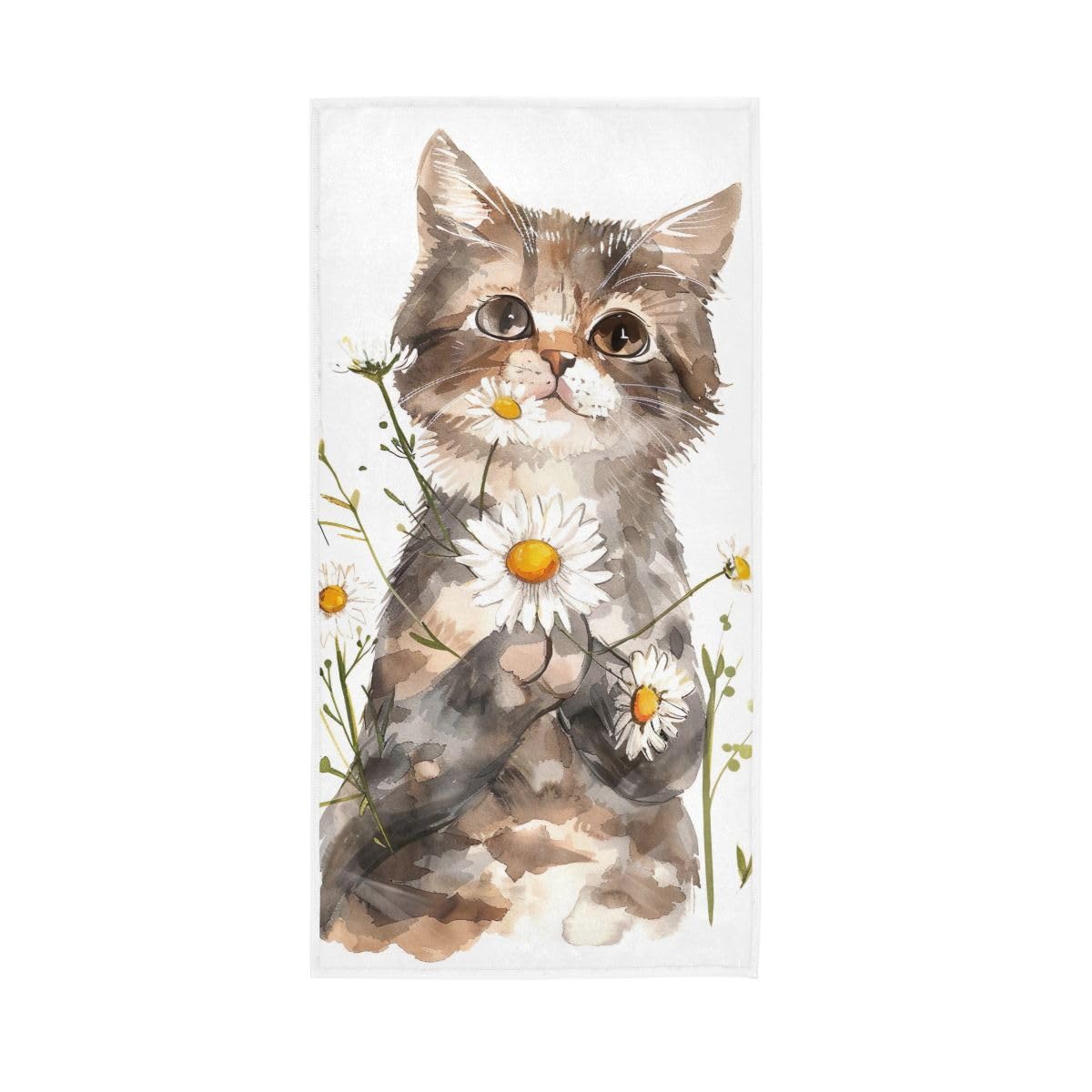 LSRCPD Cute Cat and Daisy Watercolor Hand Towel, Multipurpose Decorative Towels for Bathroom, Gym, Hotel, Spa 15 x 30 Inches