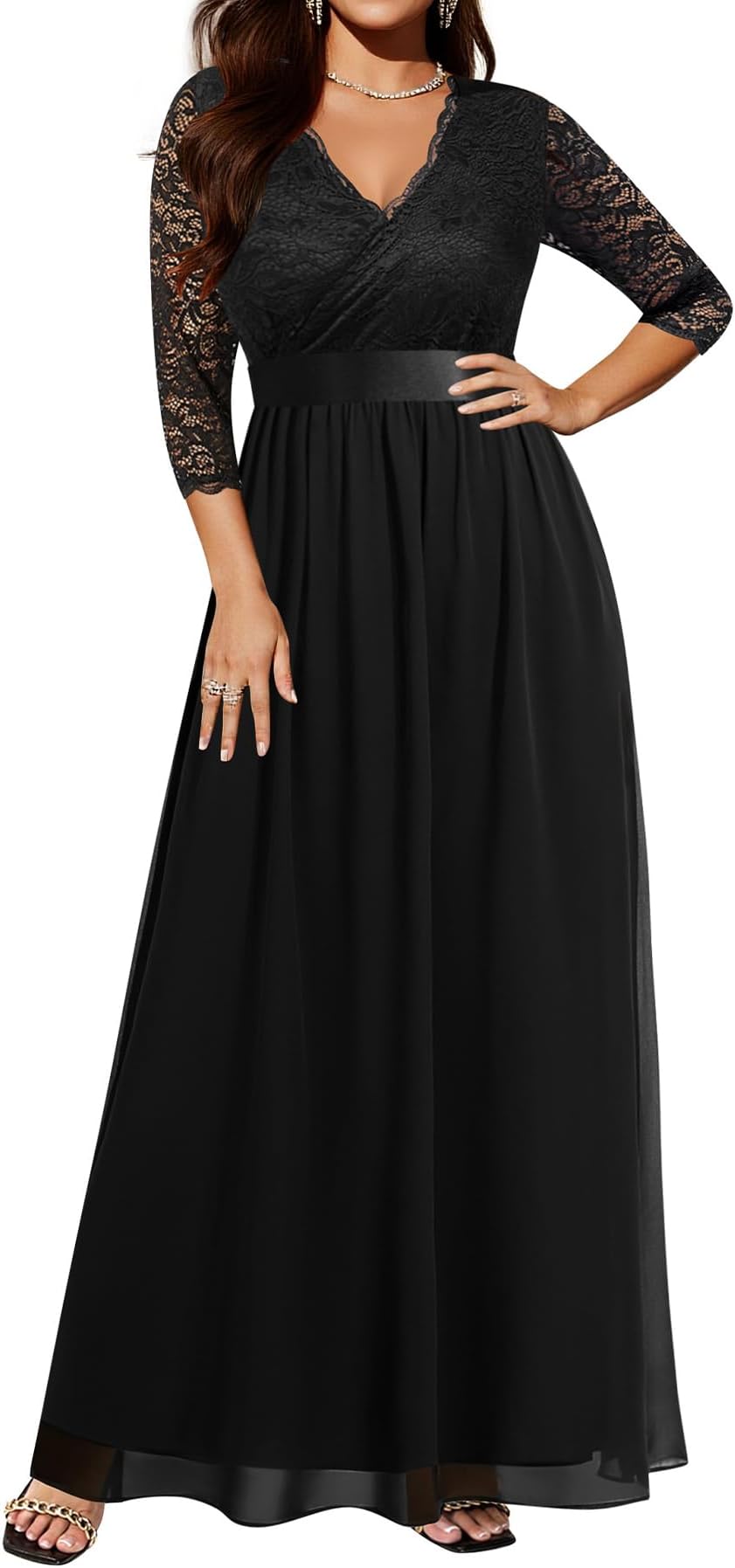 Pinup Fashion Wedding Dresses for Bride Plus Size - Formal Evening Gown Wrap Neck Lace Chiffon Long Dress