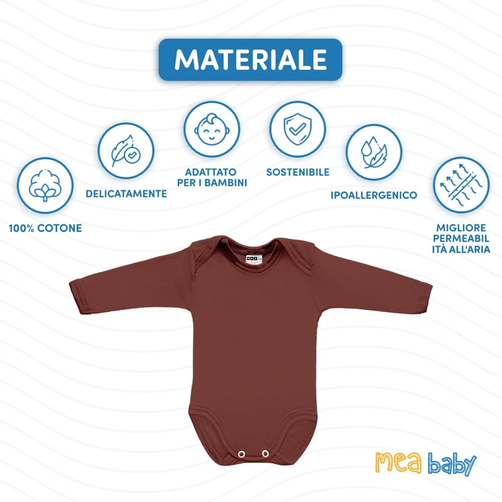 MEA BABY Body unisex per neonato, maniche lunghe, 100% cotone, confezione da 5 pezzi