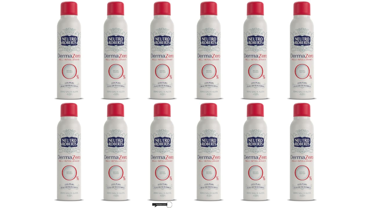 Neutro Roberts DermaZero - 12 deodoranti spray, olio di glicerina puro, zero alcool, protezione 48h, per uomo e donna, 150 ml, con portachiavi Italy Shop Service