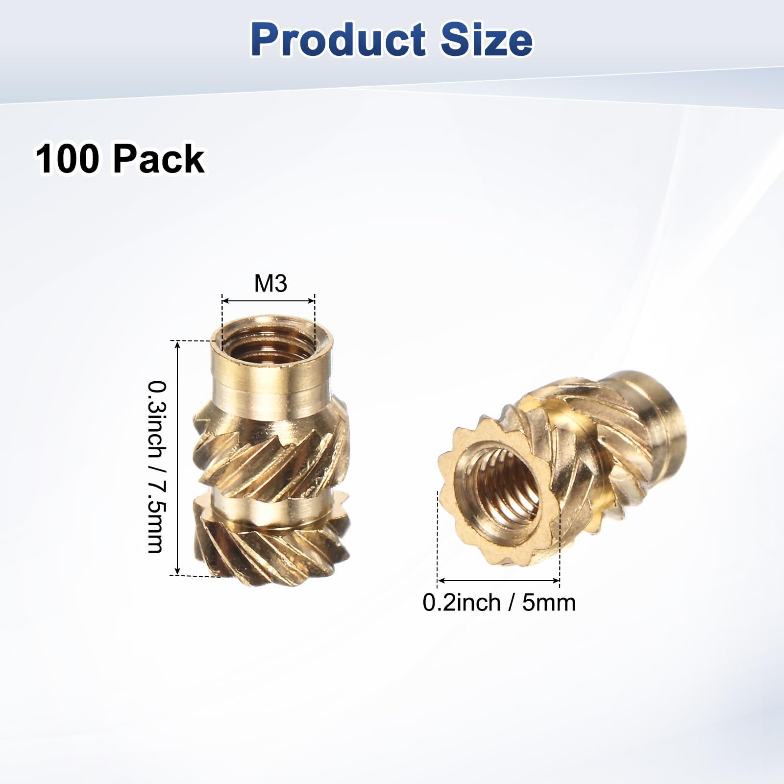 M METERXITY 100-Pack Threaded Inserts, M3 x 7.5mm L x 5mm OD Brass Heat Set Insert Nuts - Image 3