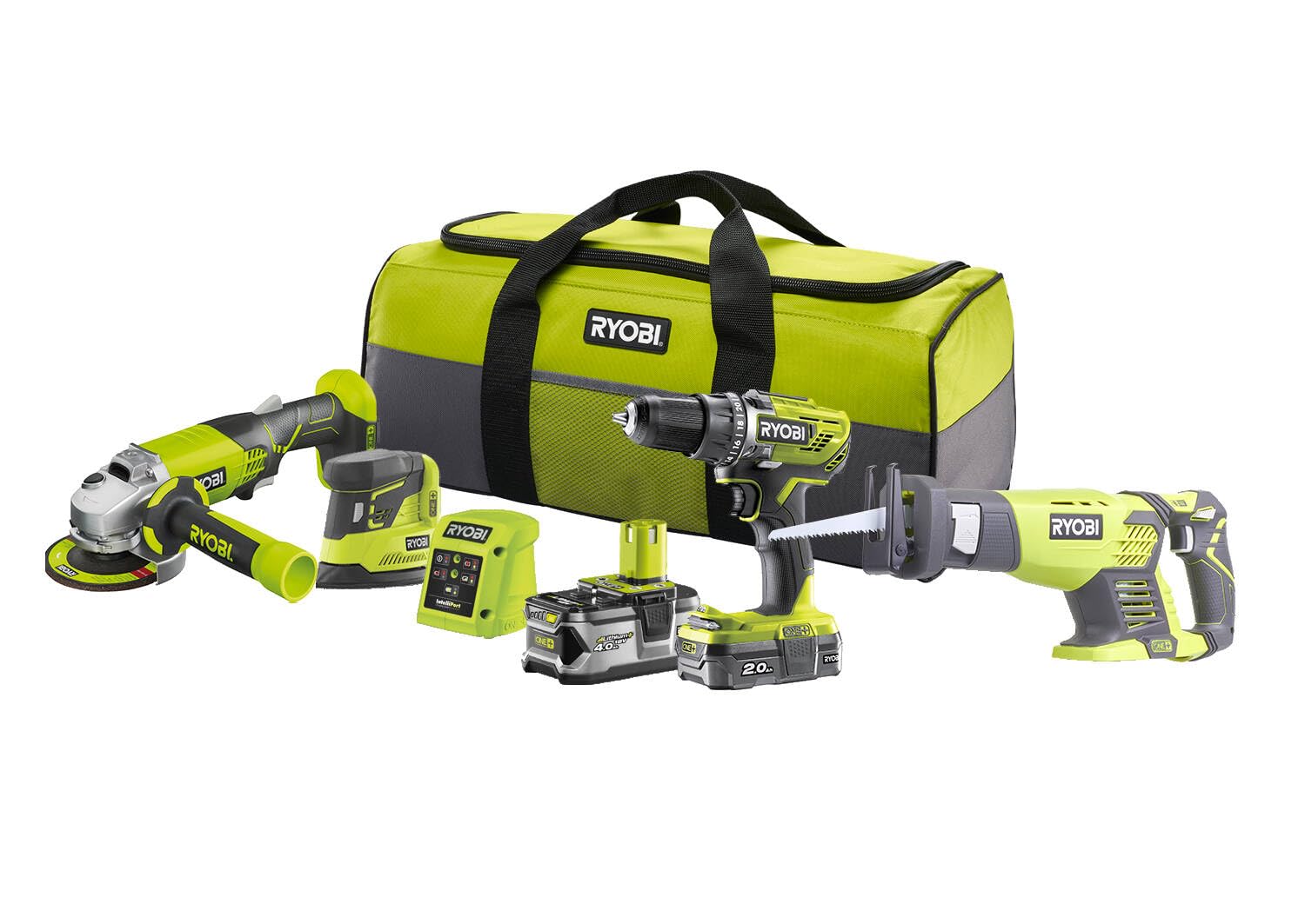 RYOBI R18CK4E-242S - Combo de 2 herramientas de 18 voltios ONE+taladro de 50 Nm + sierra sable + amoladora + lijadora + 2 baterías (2 y 4 Ah) + cargador + bolsa de transporte