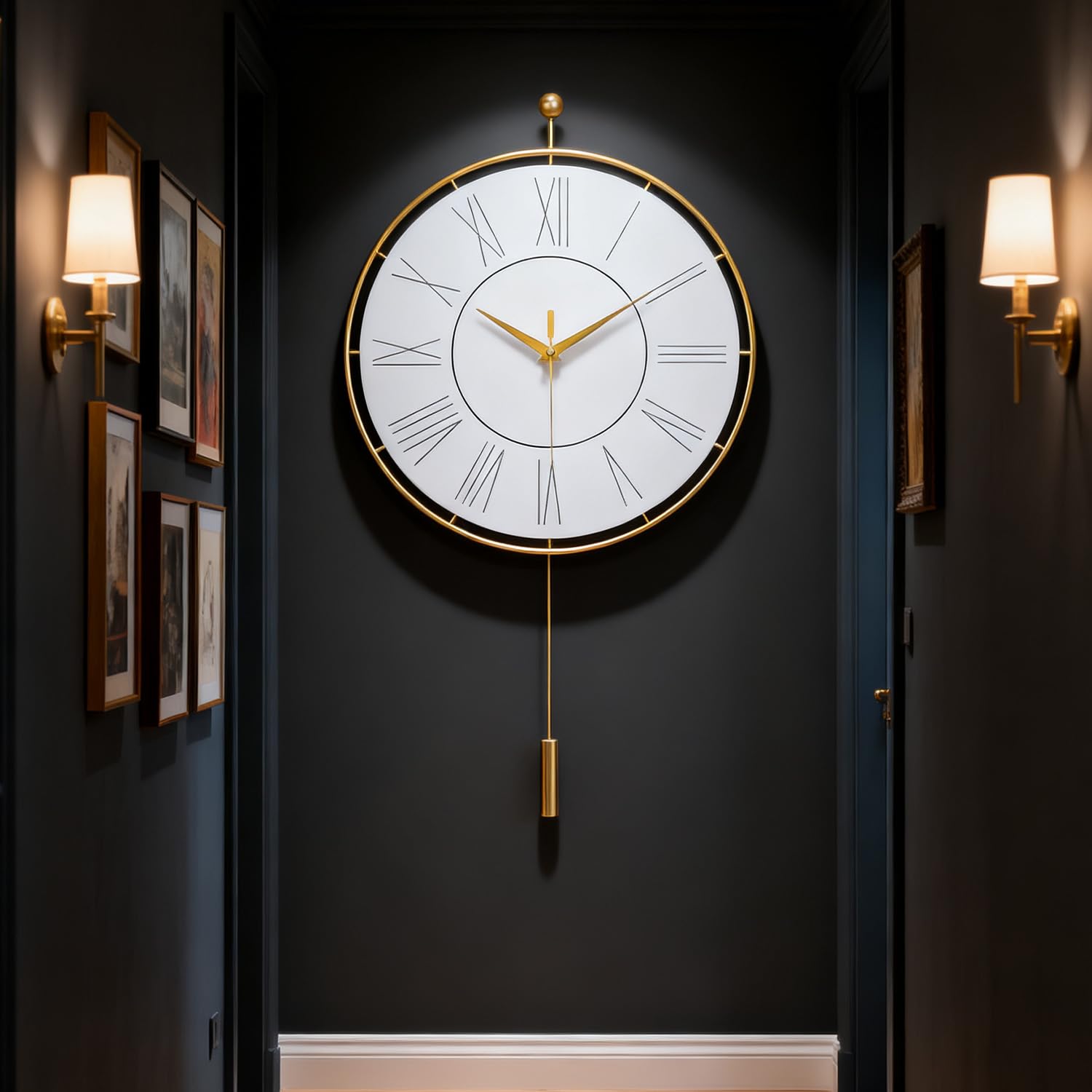 Gilacco Decorative Modern Wall Clock,Silent Non-Ticking Quality Quartz Movement Battery Operated with Pendulum,Wall Clocks for Living Room Kitchen Home Bathroom Bedroom Wall Decor,34x61CM(White)