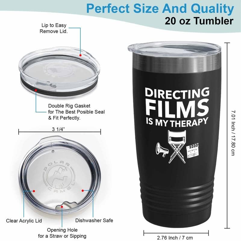 Filmmaker Black Tumbler 20oz - Directing films is my therapy - Filmmaker Gifts Camera Lens Cut Prop Director Movie Film Scriptwriter