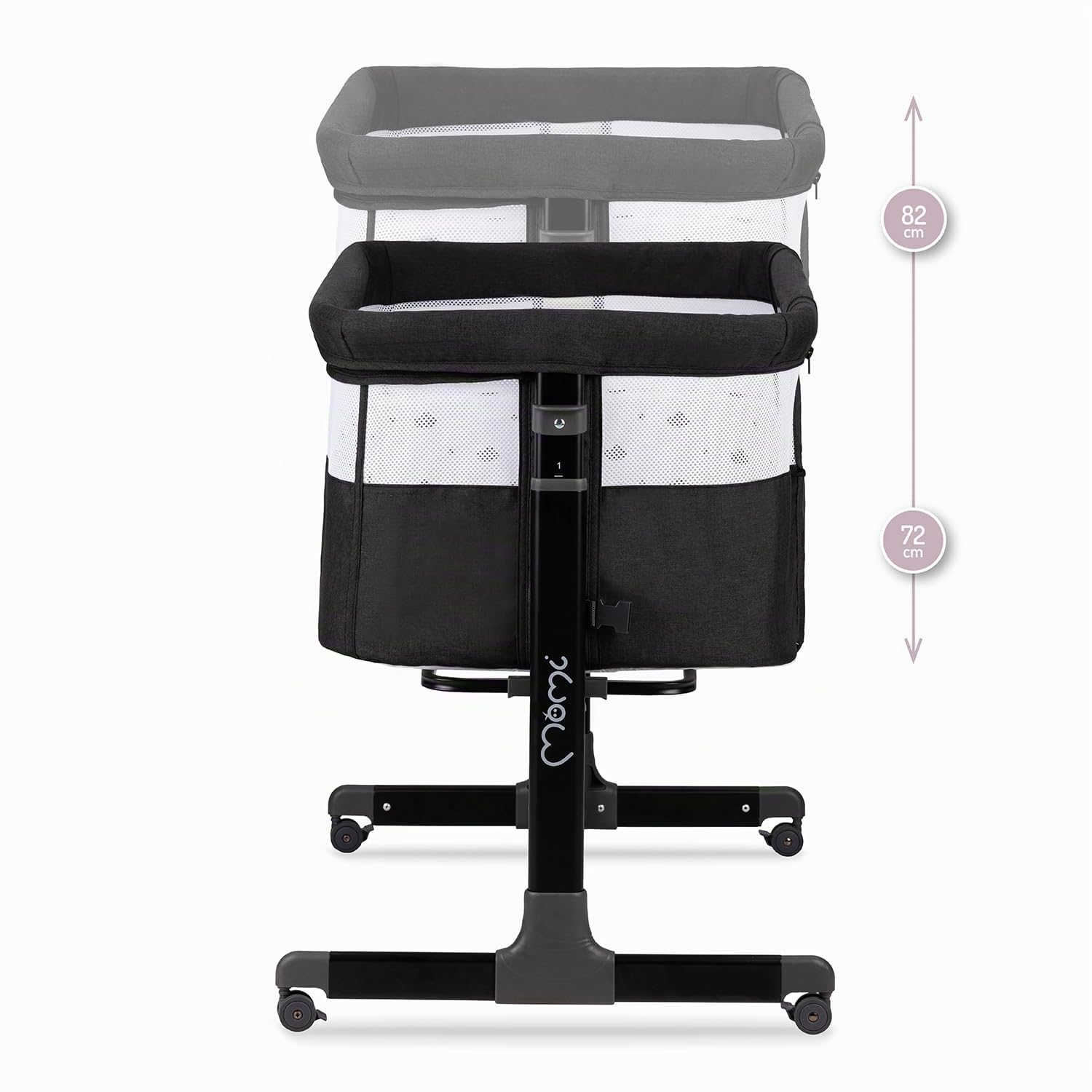 Momi REVO Lettino multifunzionale, con regolazione dell'altezza su 6 livelli da 72 a 82 cm, con rotelle, materassino incluso, cinghie di fissaggio, zanzariera e barra giochi