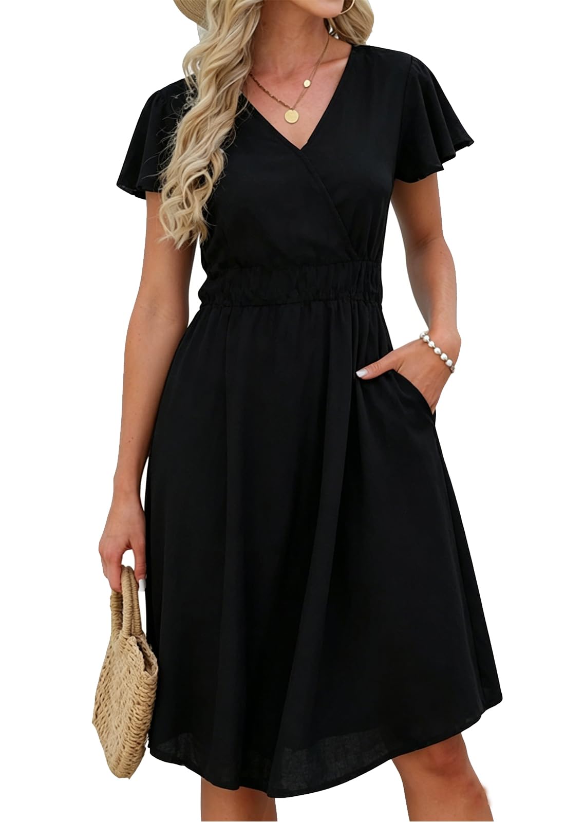 JayscreateEU Robe d'été longue pour femme - Avec poches - Col en V - Manches courtes - Élégante robe tunique - Robe trapèze